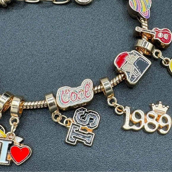 Swiftie Charm Bracelet Gold Tone with 10 Dangly Charms 1989, TS, Coffee - Picture 3 of 9